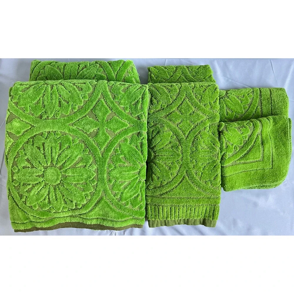 Set of 6 Vintage Milliken Callaway Moss Green Sculpted Towels Cotton Floral NOS